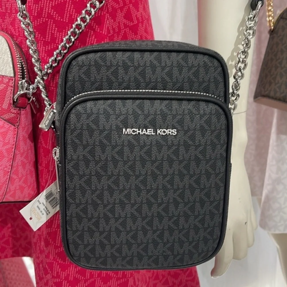 MICHAEL KORS Jet Set Trav Md Logo Crossbody Flight NS Black/Silver NWT Messenger